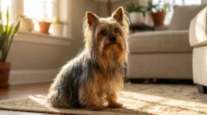 Filhote de Yorkshire Terrier dócil com lacinho vermelho na cabeça sentado em um chão de madeira iluminado pelo sol.
