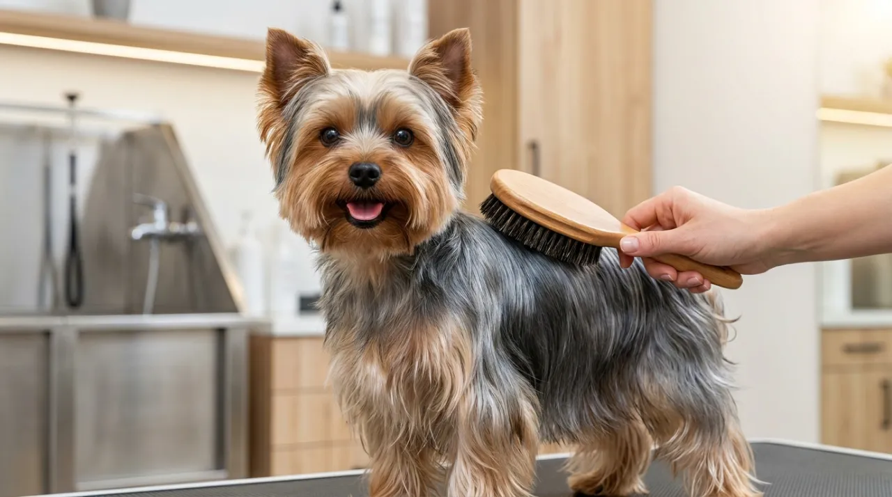 Mão escovando delicadamente a pelagem longa e sedosa de um Yorkshire Terrier saudável.