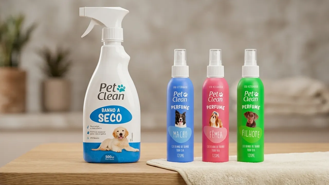 Produtos de banho seco para pets organizados, prontos para uso