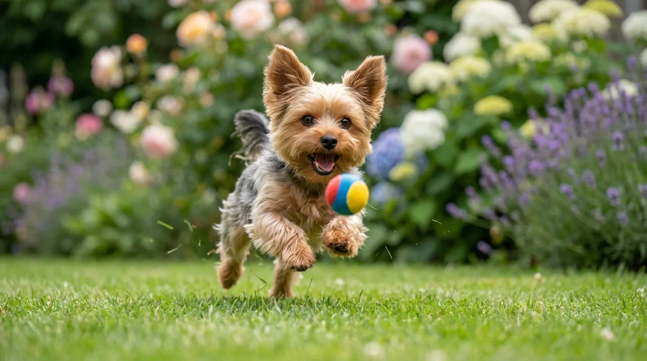 Cão da raça Yorkshire Terrier demonstrando amor e carinho ao deitar no colo de seu tutor em um sofá aconchegante.