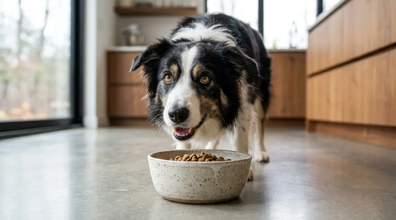 Cão Border Collie comendo de sua tigela e olhando para cima de forma curiosa e dócil