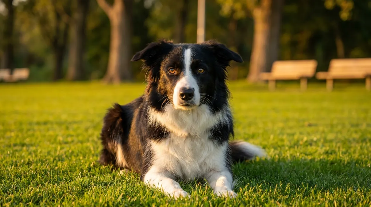 Cão Border Collie executando o comando fica em um parque ensolarado