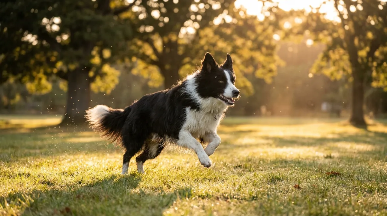 Cão Border Collie saudável e feliz correndo no parque durante o pôr do sol.