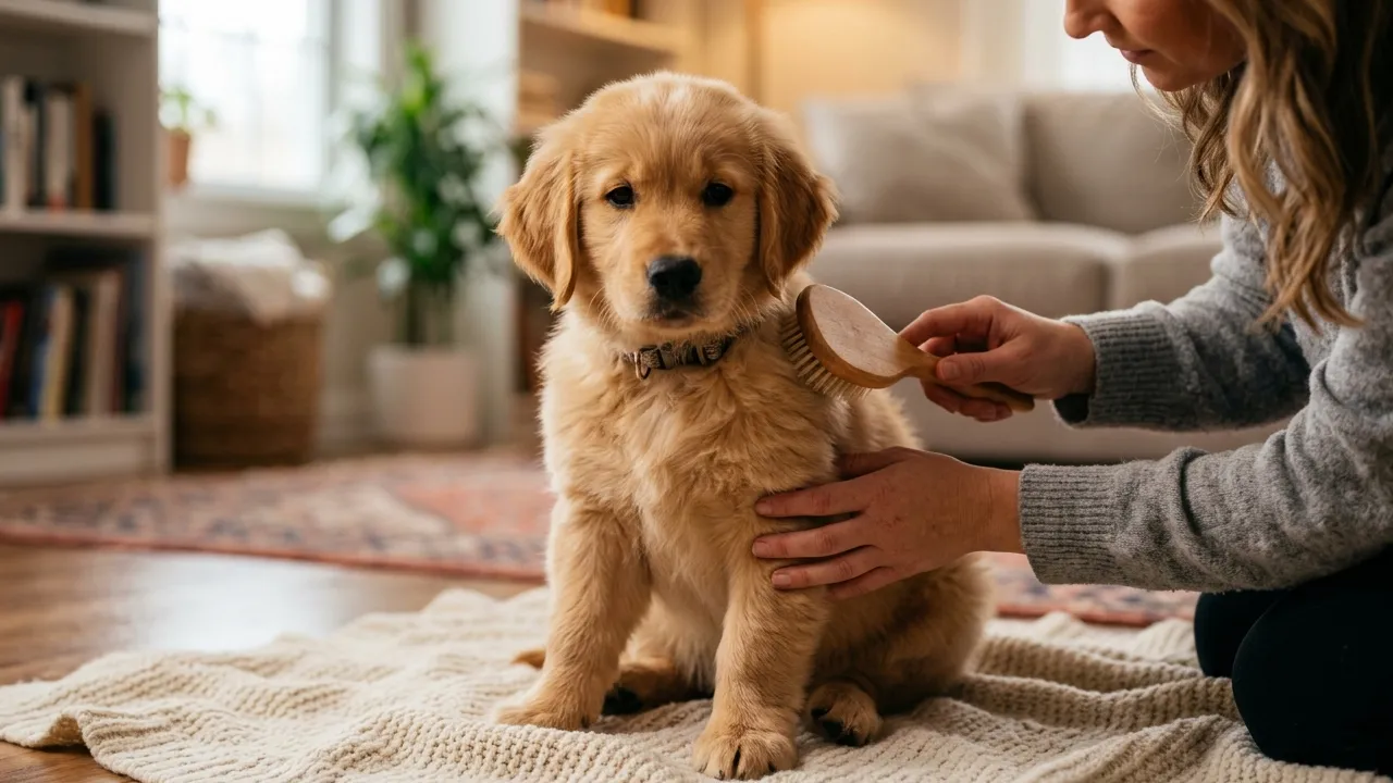 Filhote sendo escovado, destacando a importância da higiene no cuidado de cães.