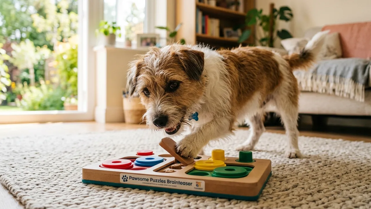 Cão brincando com brinquedos interativos em ambiente alegre
