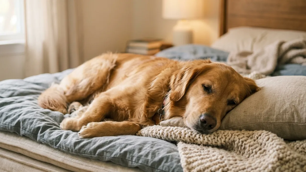 Cão relaxado em cama confortável em ambiente tranquilo