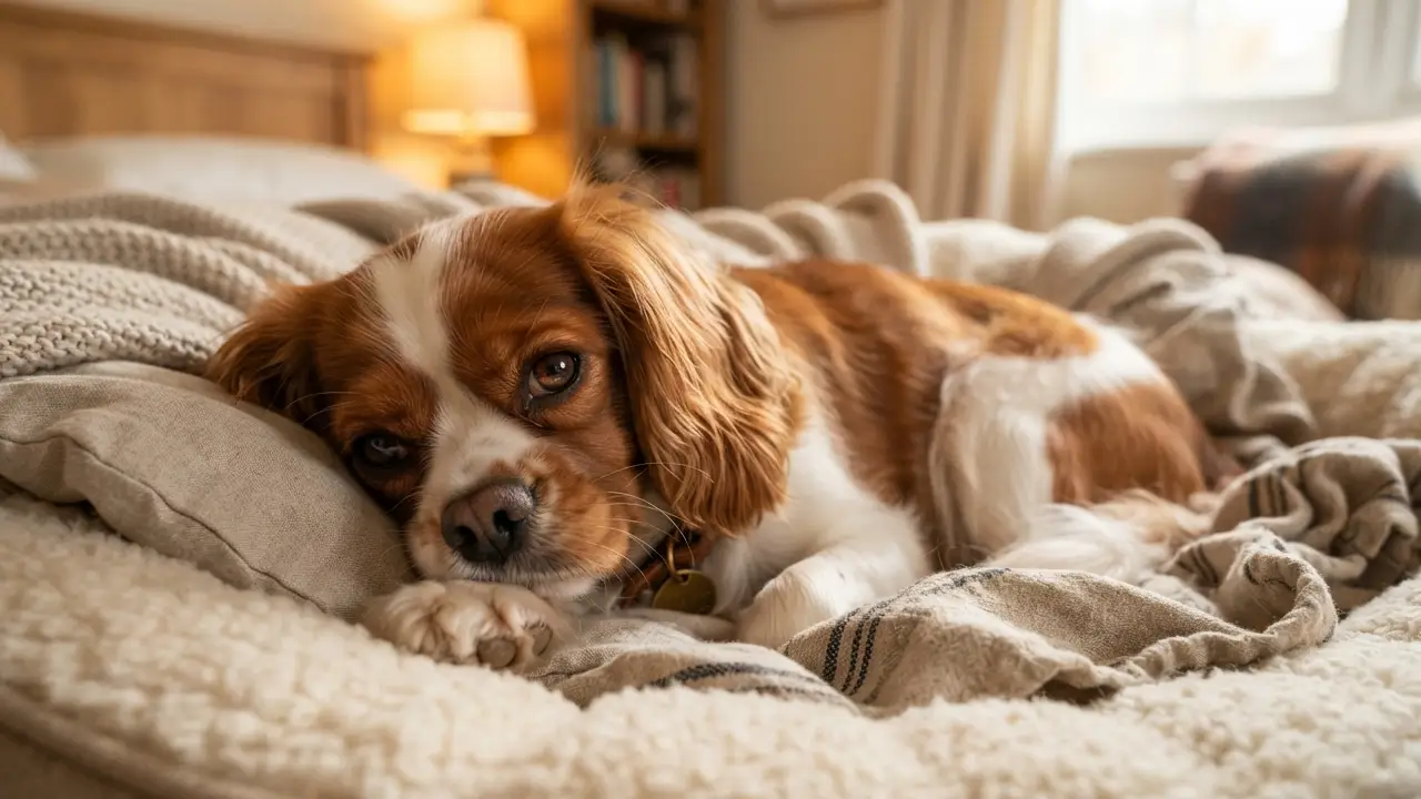 Cão relaxando em um ambiente acolhedor, enfatizando a importância do cuidado pós-esterilização