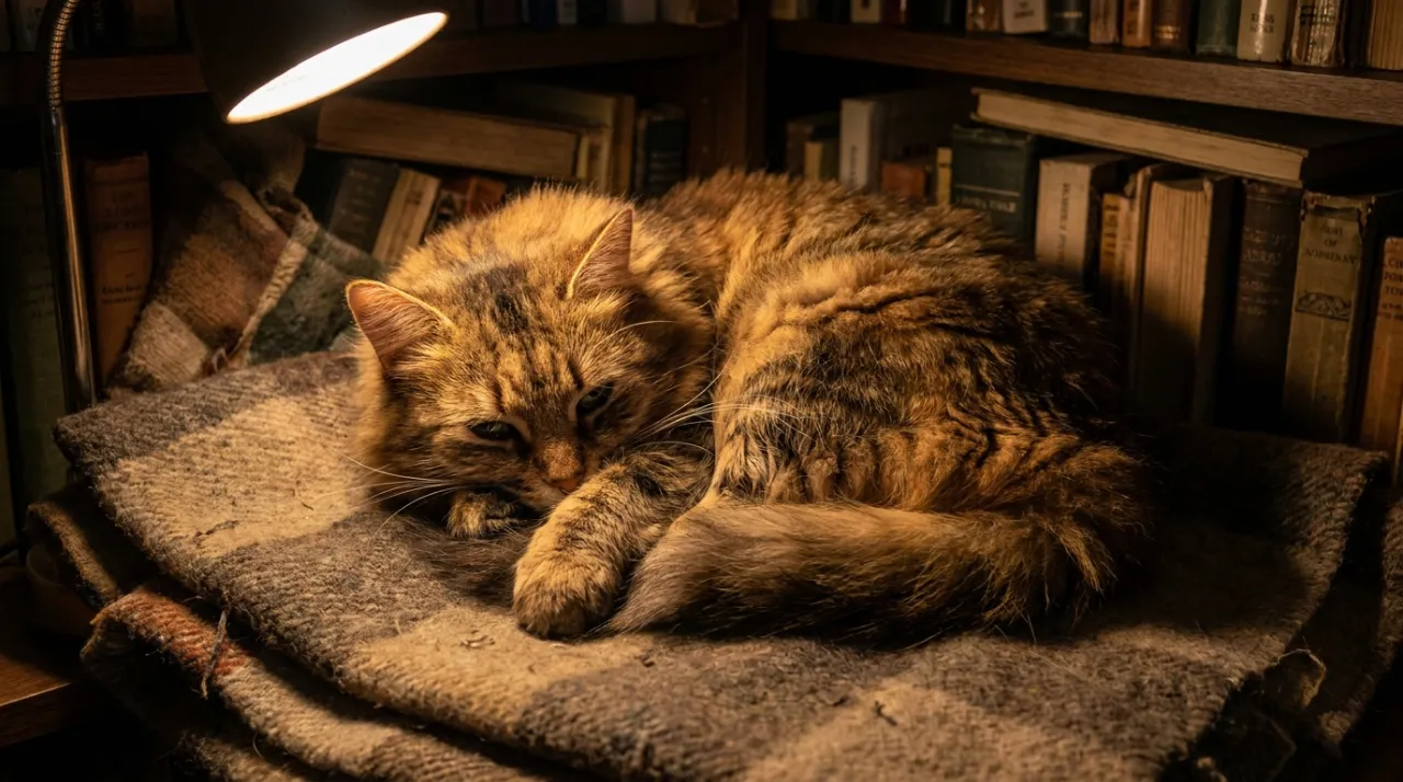 Gato doméstico encolhido em um canto, ilustrando o comportamento de isolamento devido à dor em gatos.
