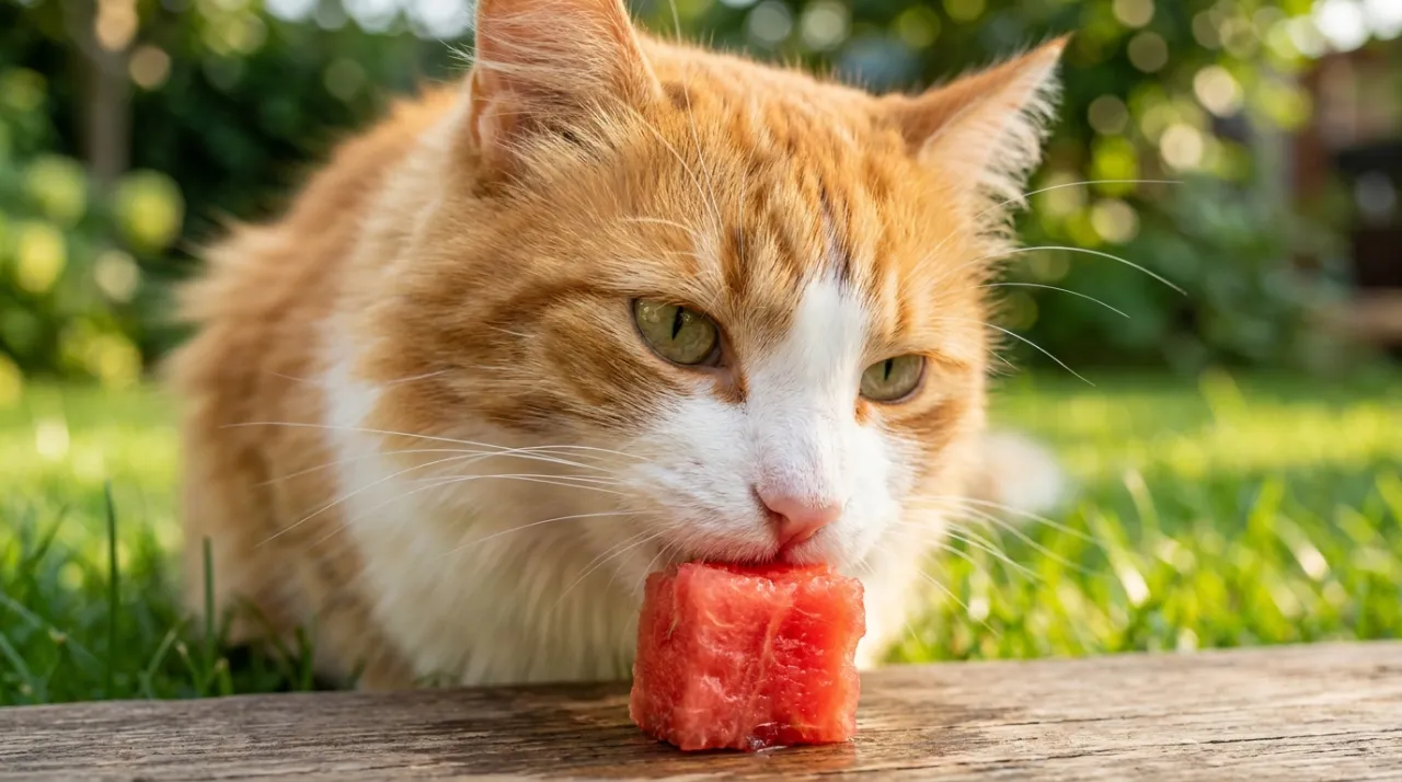 Gato doméstico fofo saboreando um pedaço pequeno de melancia fresca e sem sementes no jardim