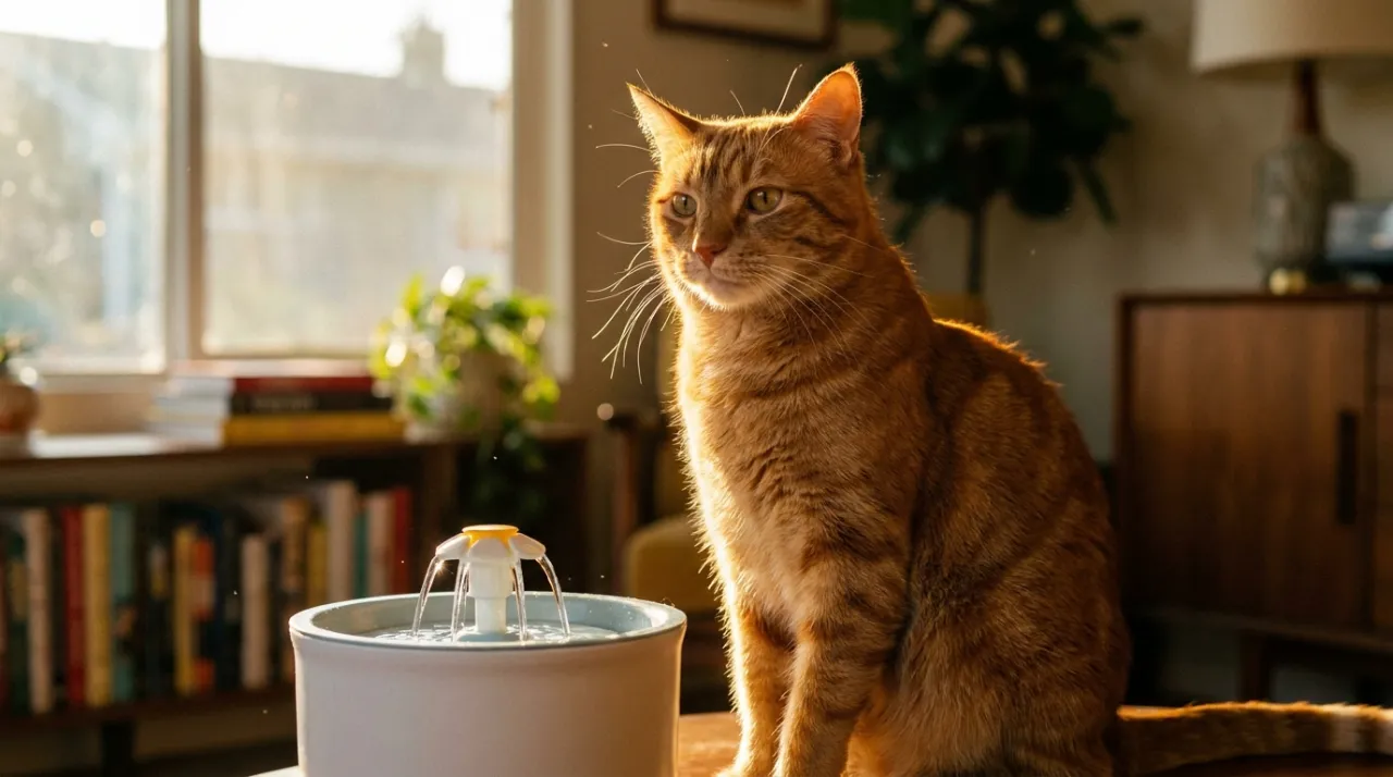 Gato persa ou de pelo curto bebendo água fresca em uma fonte moderna para pets