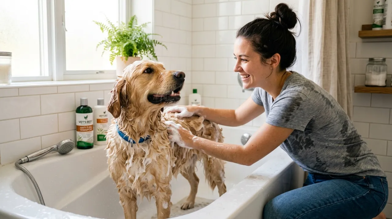 Cachorro sendo tratado com shampoo antipulgas em um ambiente seguro