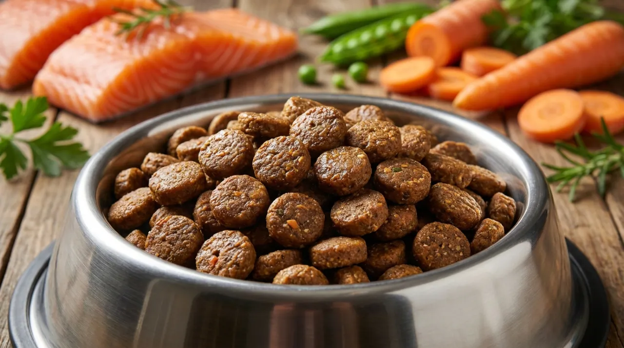 Close-up de ração de alta qualidade para cães com ingredientes frescos desfocados ao fundo.