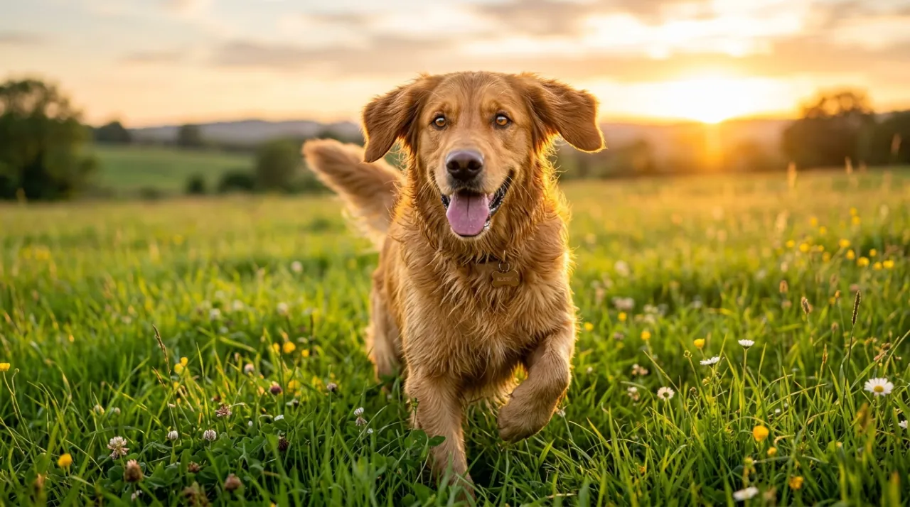 Cachorro saudável e feliz, livre de pulgas, brincando em um campo verde
