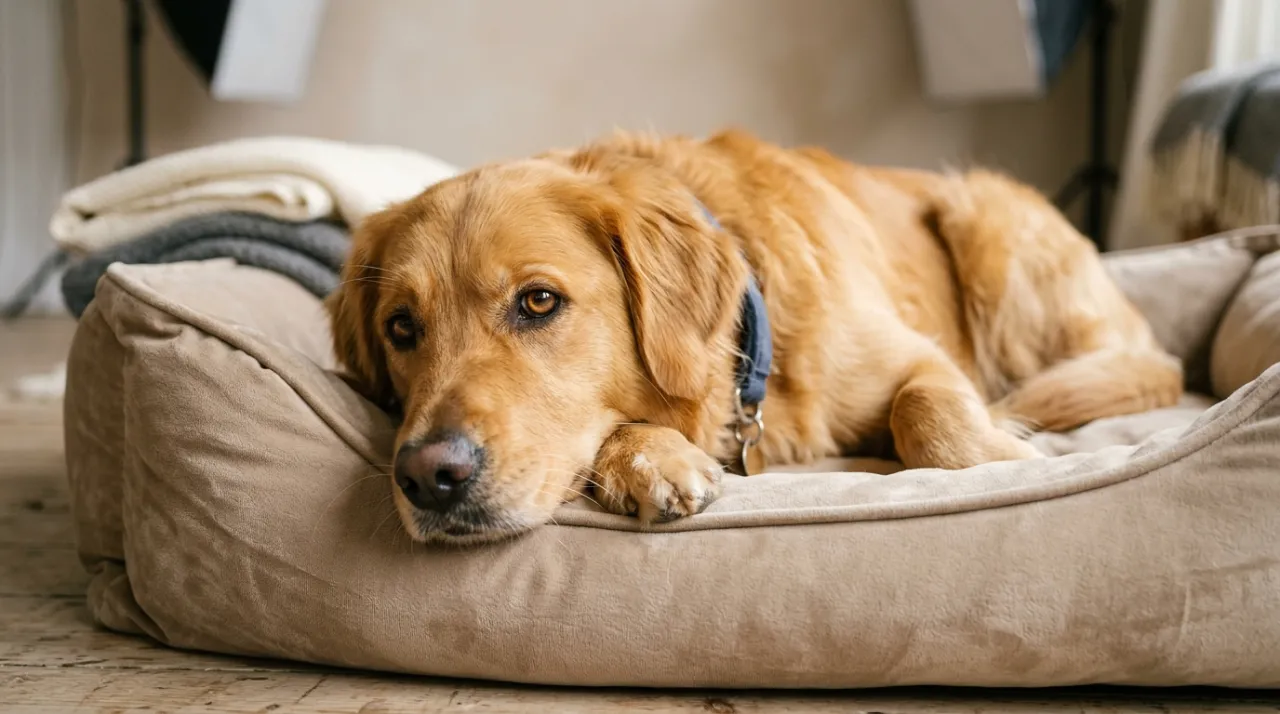 Cachorro relaxando após tratamento contra pulgas em um ambiente acolhedor