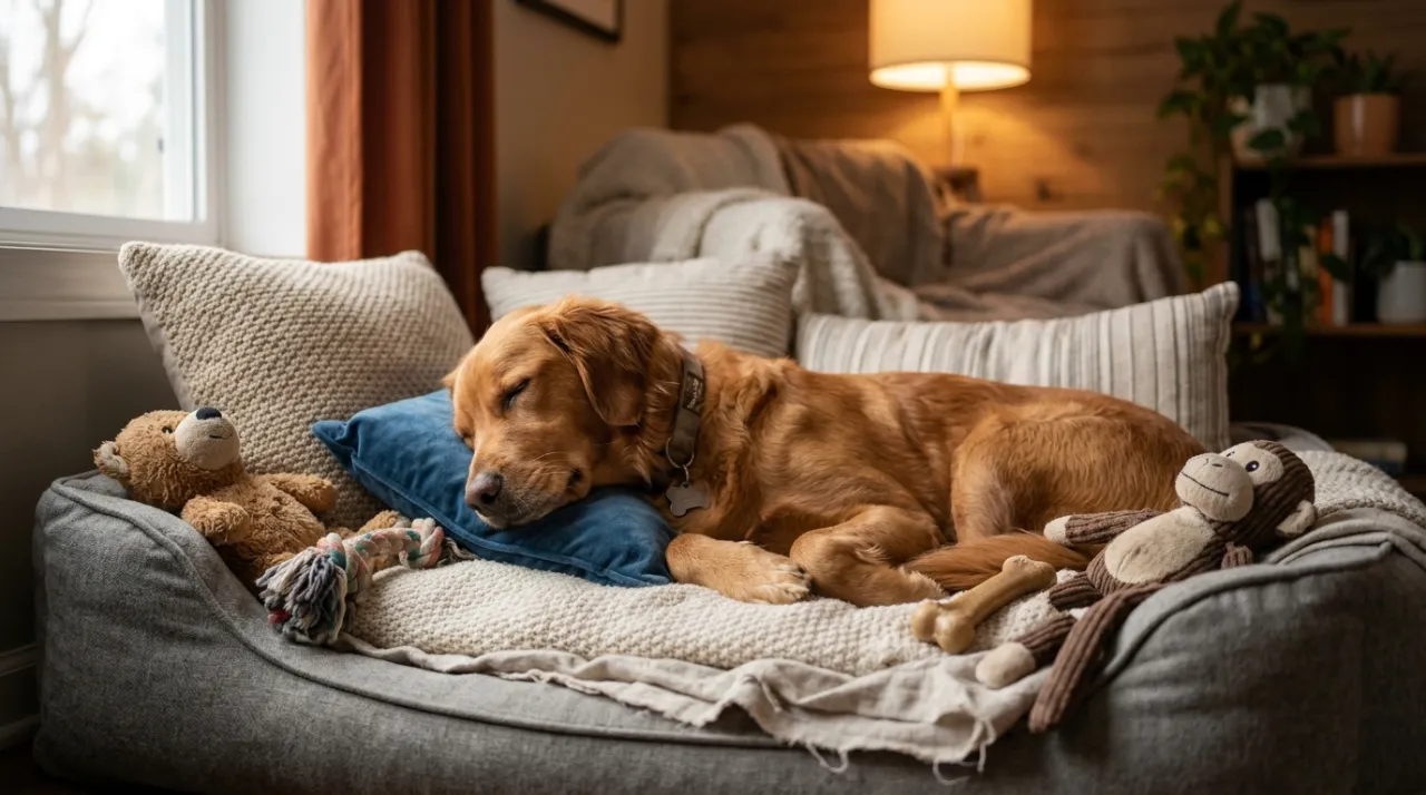 Cachorro relaxado em ambiente seguro, representando alívio do estresse