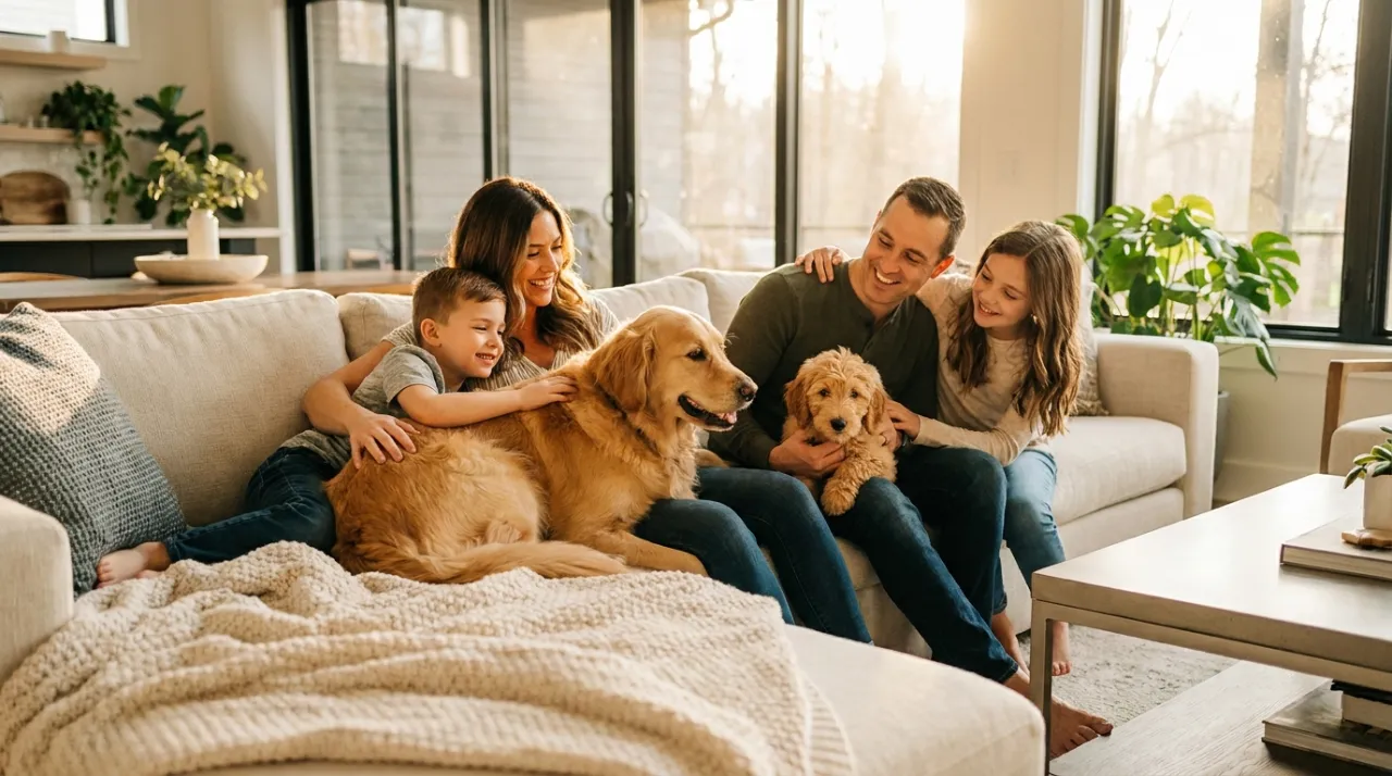 Família feliz na sala acariciando dois cães adaptados e calmos após processo de introdução sem estresse.