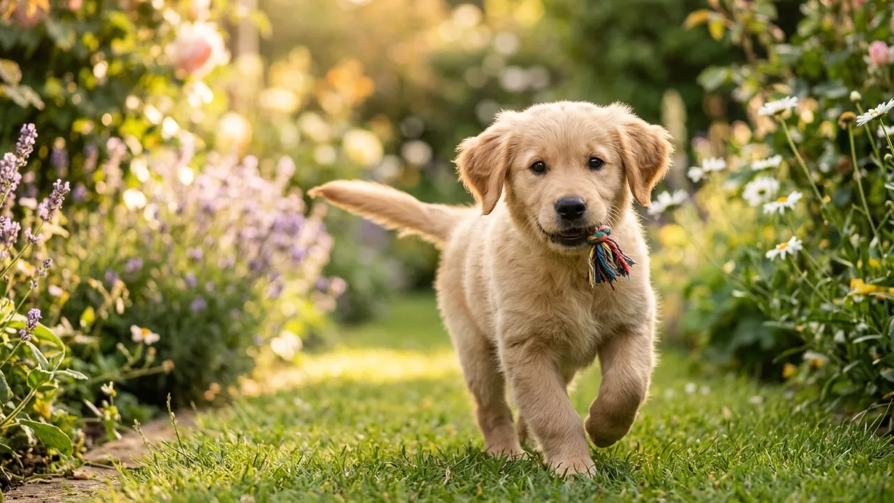 Filhote de cachorro brincando no jardim, representando felicidade e energia juvenil.