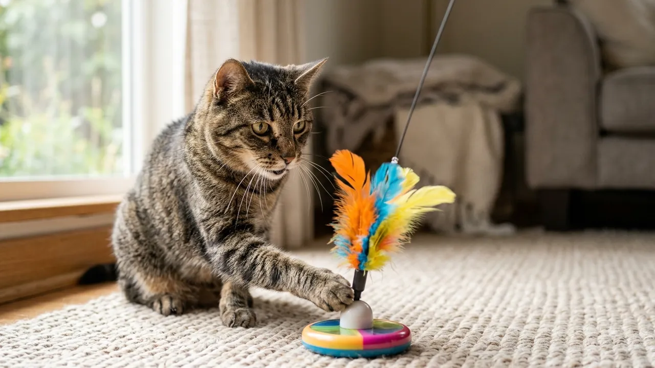 Gato idoso brincando com um brinquedo interativo