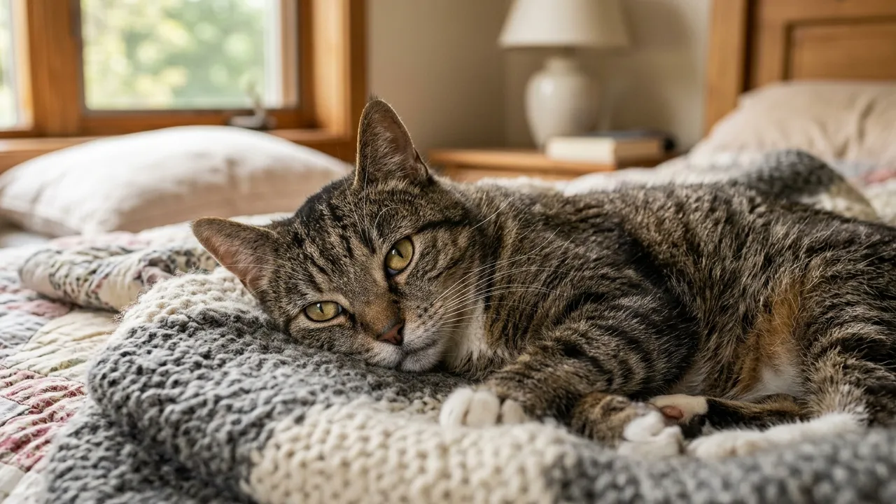 Gato idoso descansando em uma cama confortável