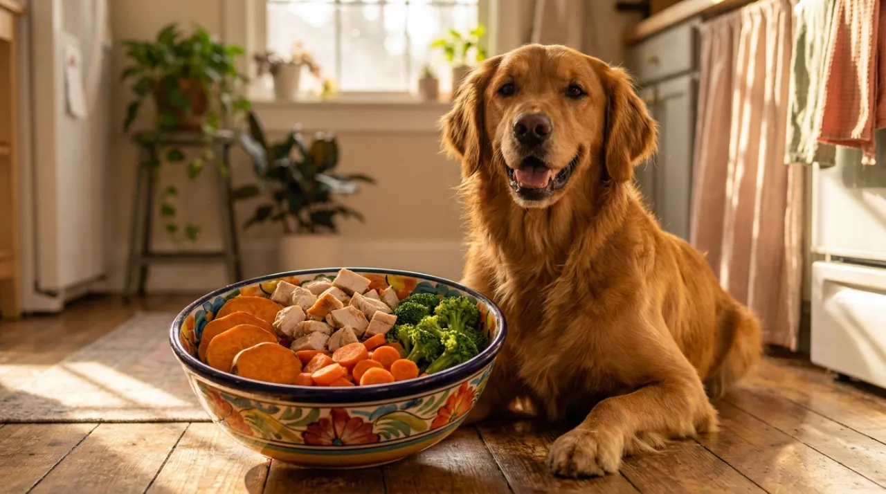 Golden Retriever alegre sentado ao lado de uma tigela cheia de comida natural colorida e saudável para cães