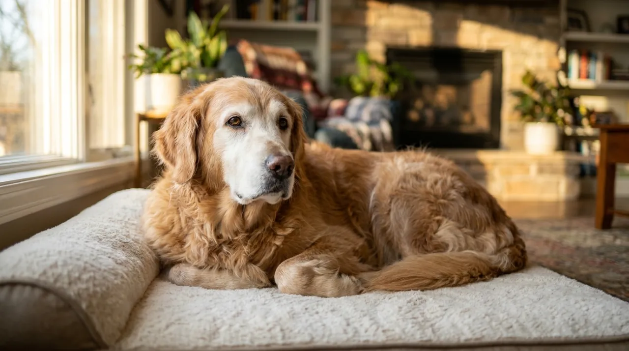 Cão idoso da raça Golden Retriever descansando confortavelmente em cama ortopédica em ambiente acolhedor