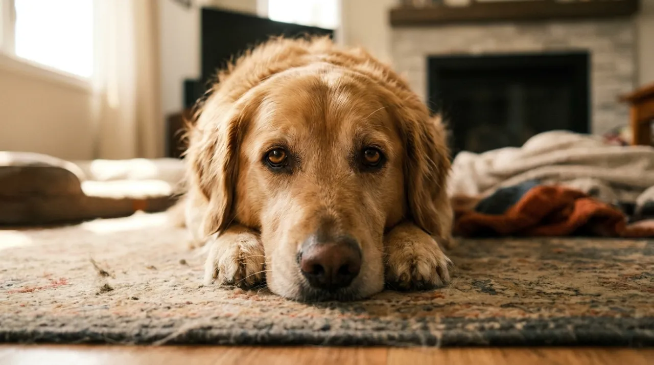 Cão da raça Golden Retriever deitado com olhar triste, exemplificando sinais discretos de dor em cães.