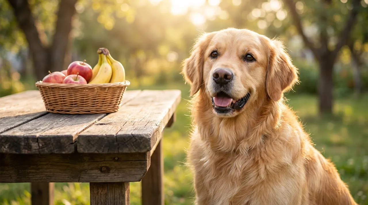 Golden Retriever olhando para frutas seguras sobre uma mesa rústica de madeira sob luz natural