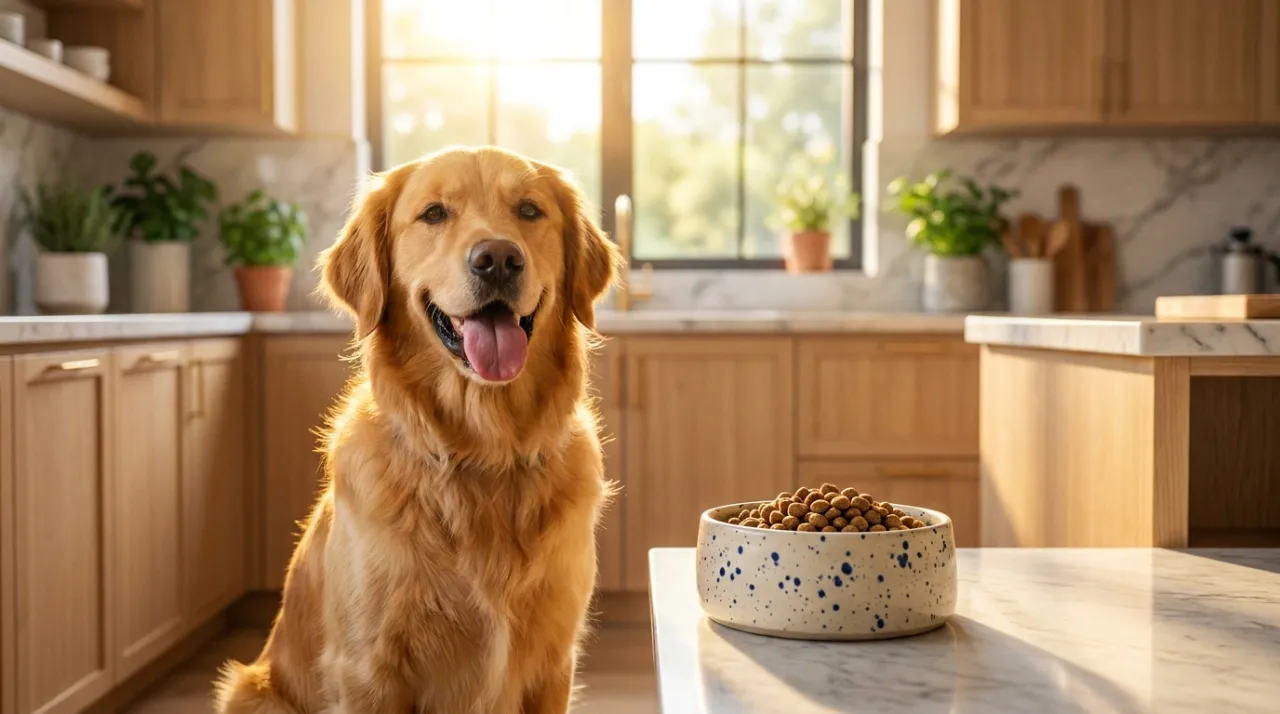 Cão Golden Retriever feliz ao lado de um pote de ração premium em uma cozinha iluminada.