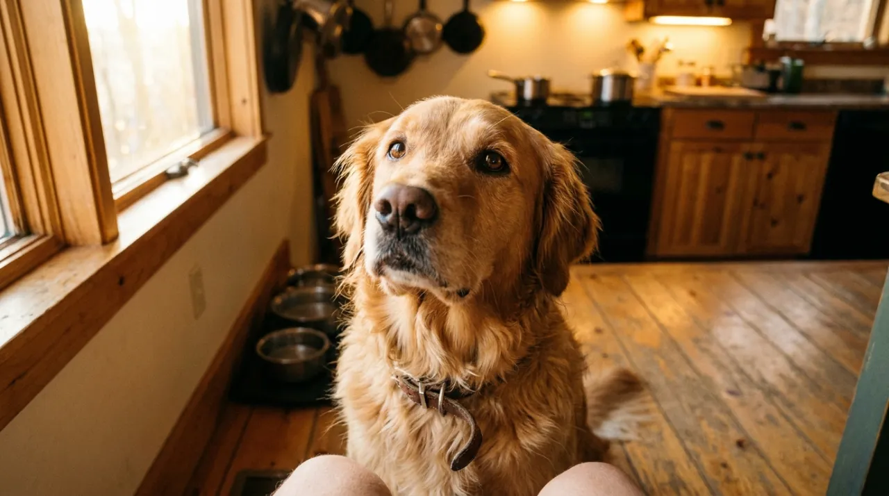 Cão Golden Retriever olhando para cima com olhos expressivos e carinhosos em uma cozinha iluminada pelo sol