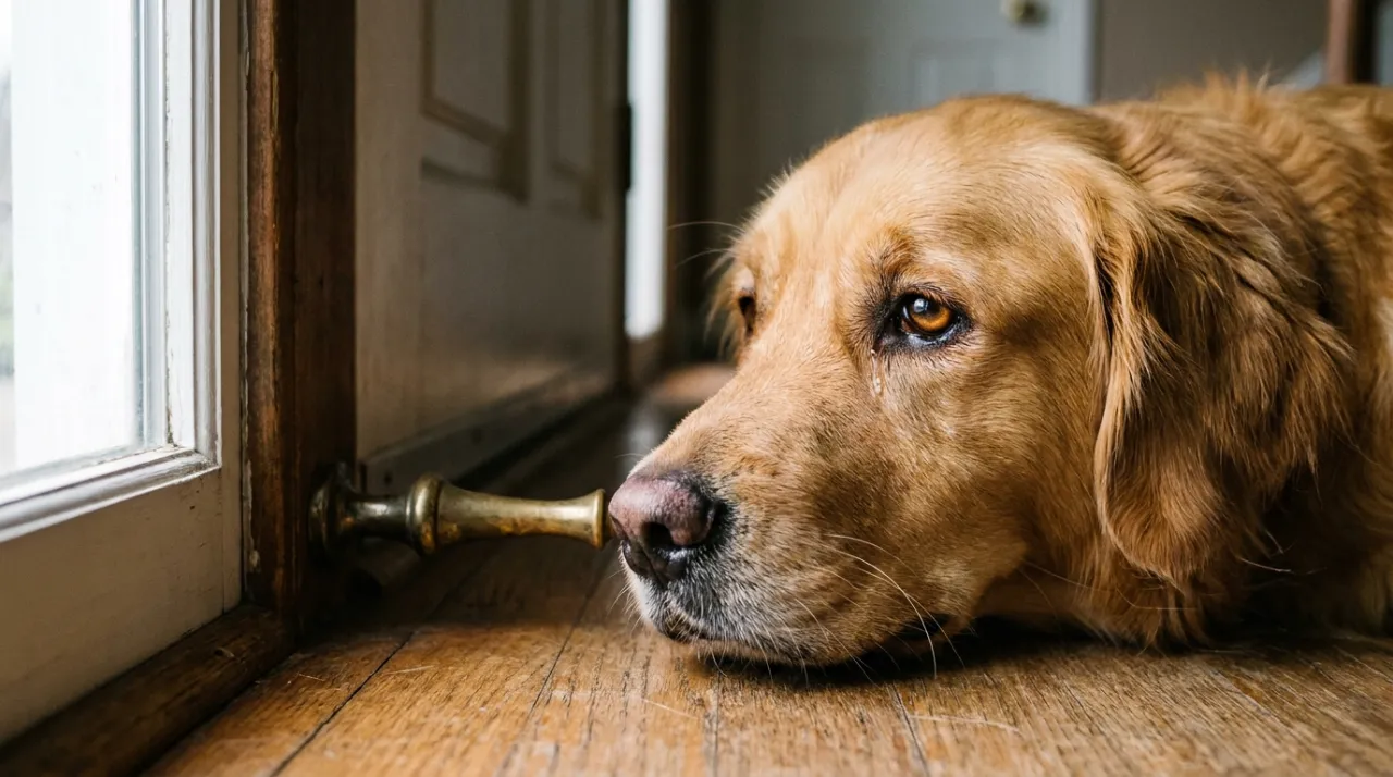 Cão da raça Golden Retriever com olhar triste sentado perto de uma porta fechada, ilustrando a ansiedade de separação em cães.