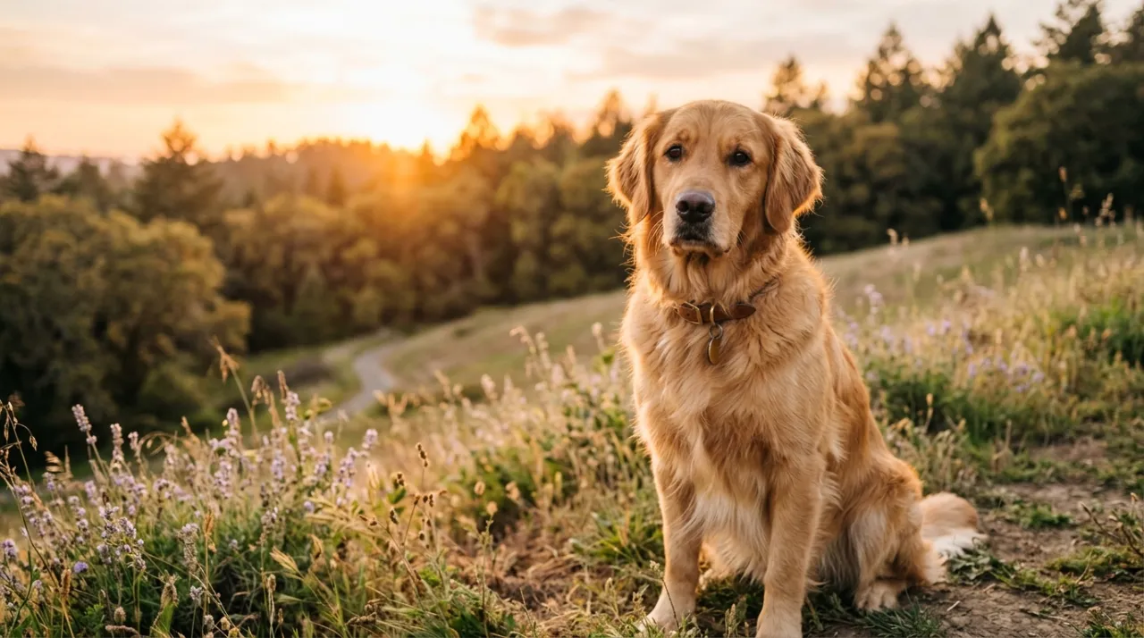 Cachorro dourado em ambiente tranquilo, simbolizando calma e bem-estar
