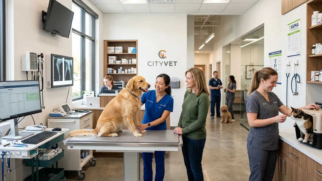 Interior de uma clínica veterinária moderna e limpa