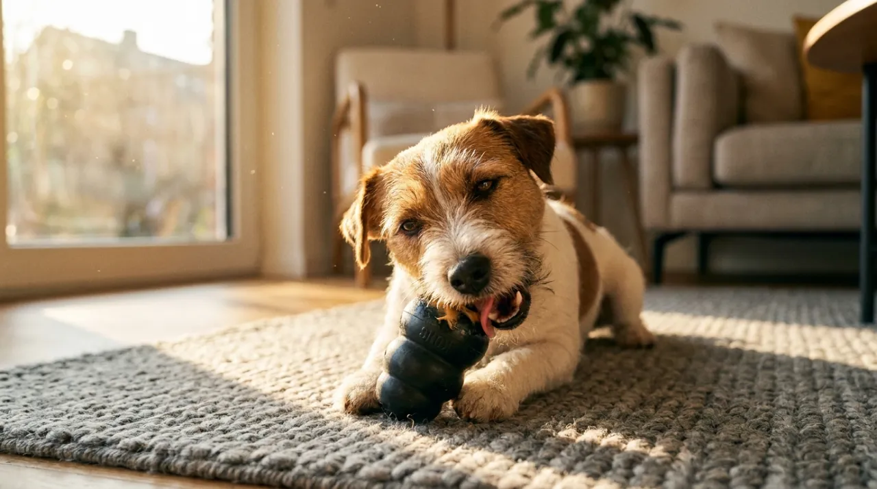 Cachorro feliz focado em um brinquedo recheável em cima do tapete, representando o enriquecimento ambiental para cães.