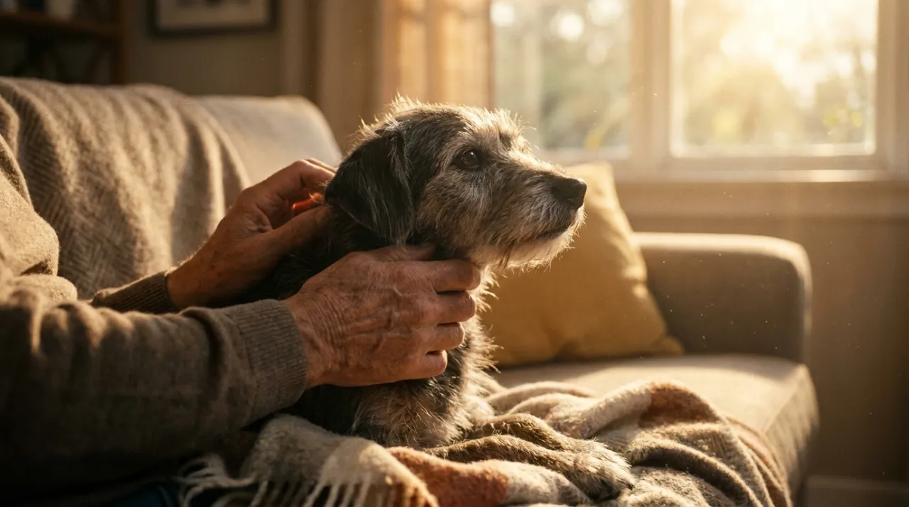 Tutor demonstrando carinho e afeto por seu cão idoso durante o pôr do sol em casa