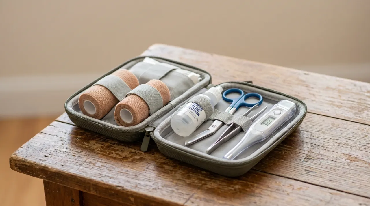 Kit de primeiros socorros para pets aberto sobre mesa com gaze, soro e termômetro