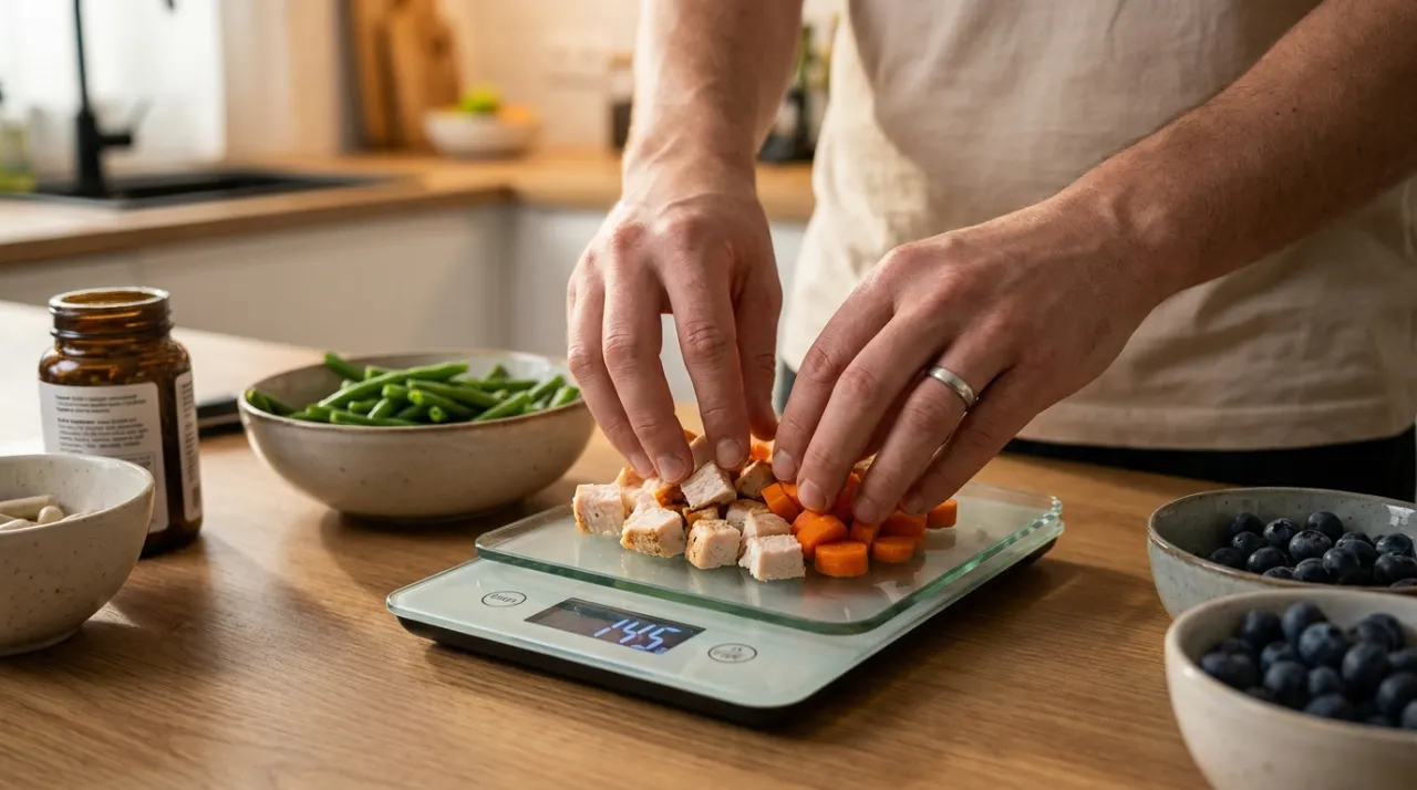 Tutor preparando porções de alimentação natural para cães em uma balança de cozinha