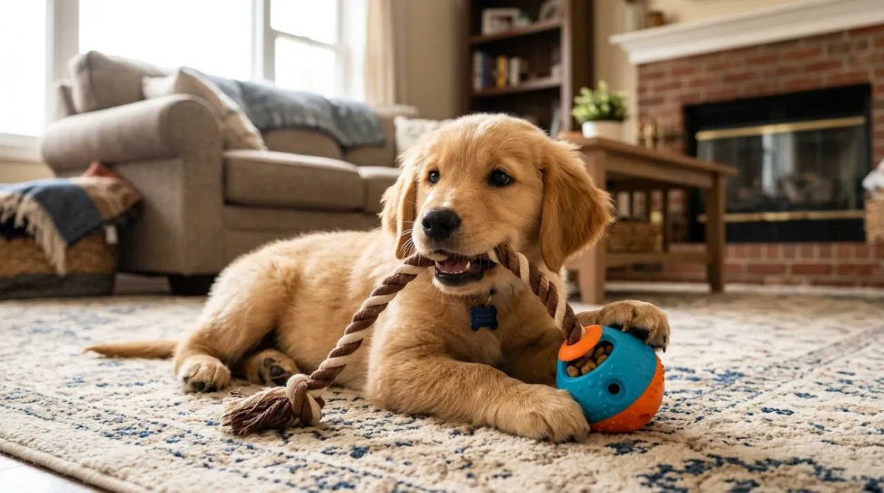 Cachorro brincando para aliviar estresse, com foco em seus olhos felizes