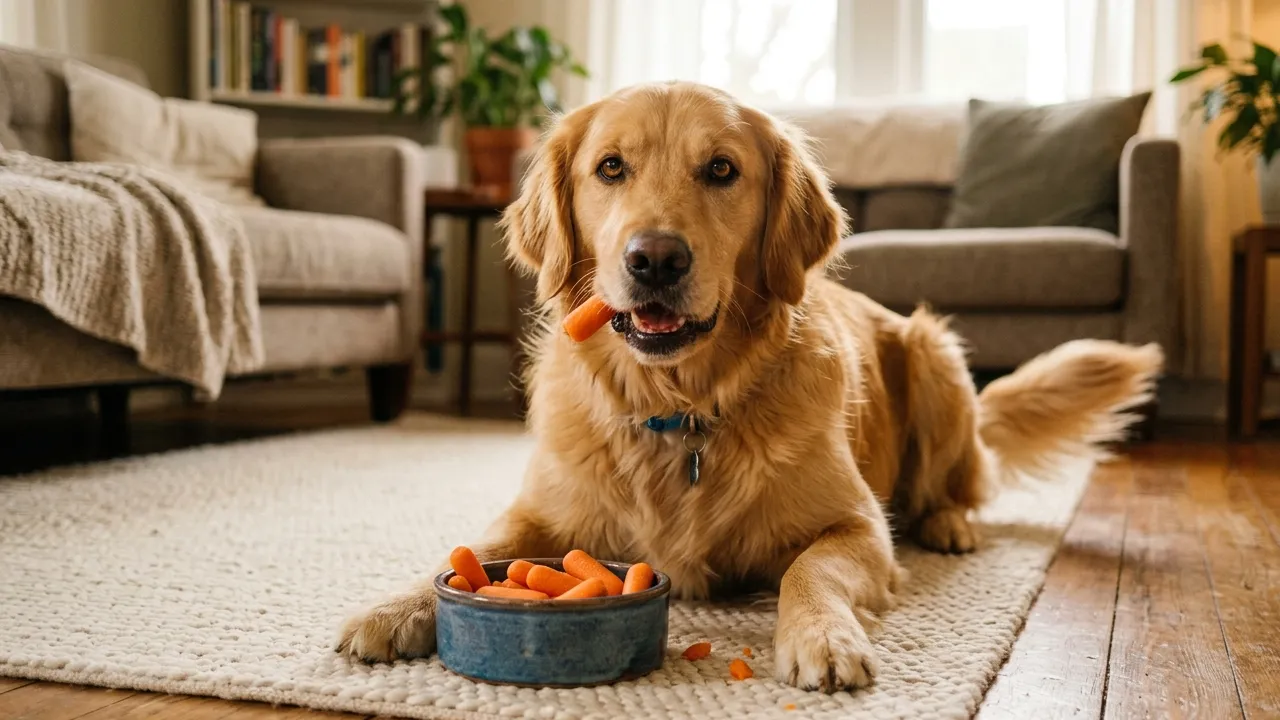 Cão feliz comendo cenouras frescas