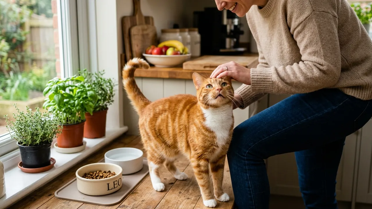 Gato adulto em uma cozinha iluminada, representando os cuidados práticos de alimentação.