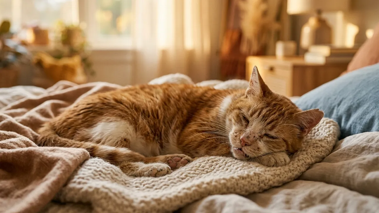 Gato idoso relaxando, simbolizando a importância da alimentação na saúde ao longo da vida.