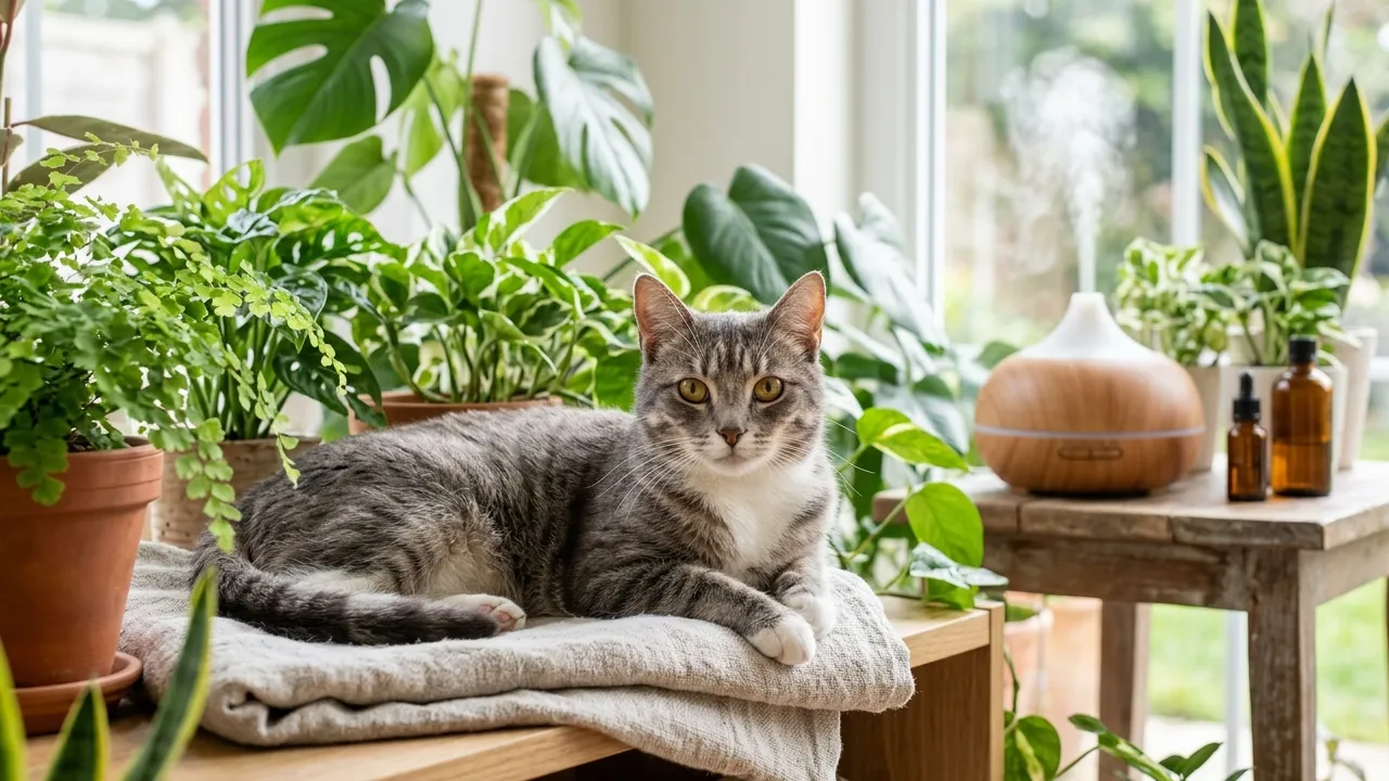 Gato relaxando em um ambiente com aromaterapia