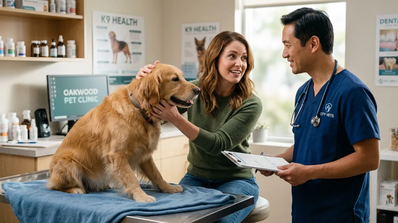 Tutor conversando com veterinário enquanto acaricia seu cachorro