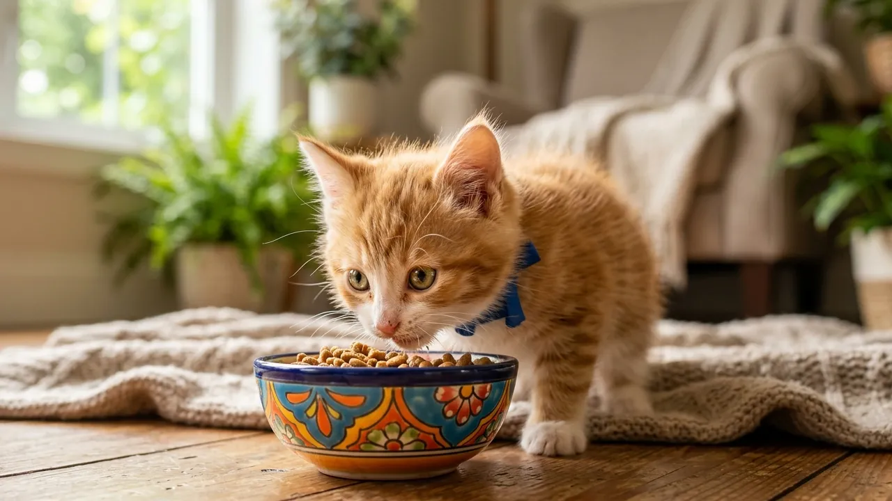 Filhote de gato comendo em um prato colorido, simbolizando a alimentação ideal para gatos.
