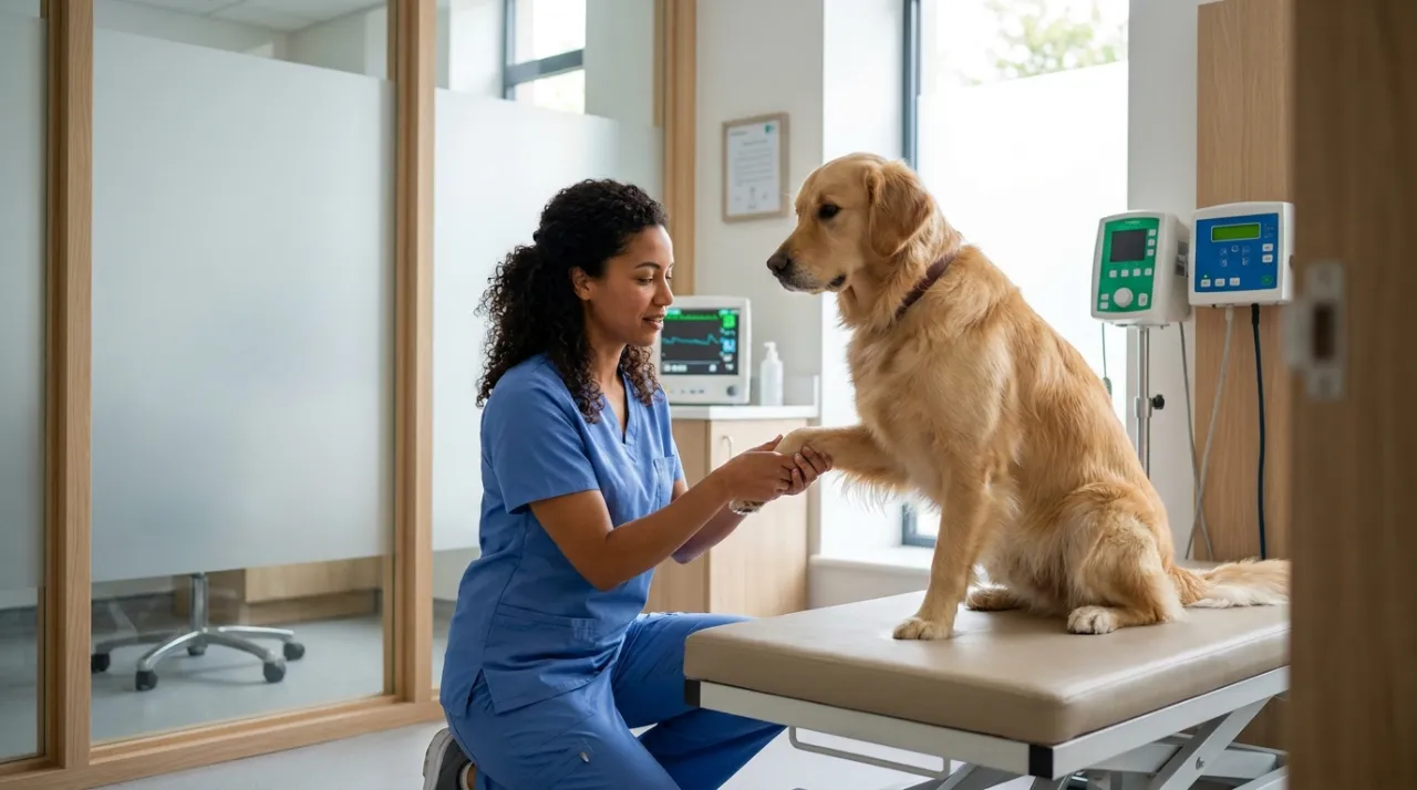Veterinária examinando pata de cão com carinho em clínica moderna, destacando a importância da consulta profissional.