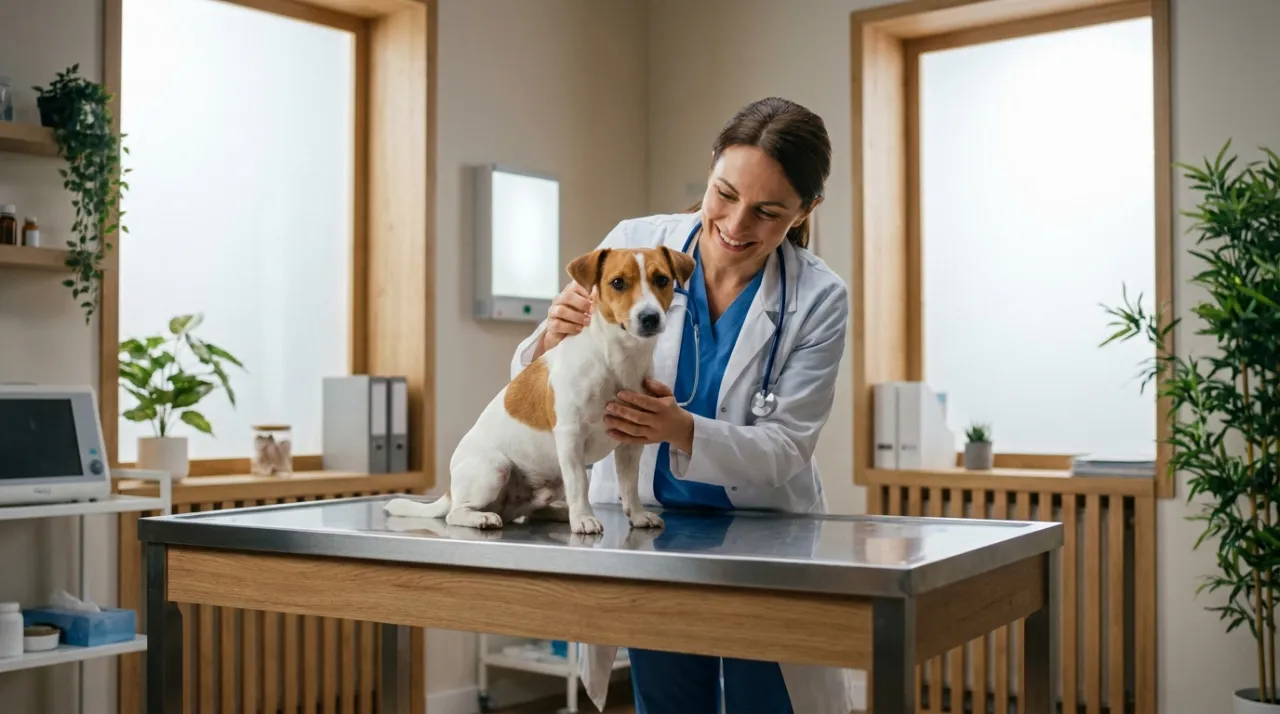 Veterinária examinando cão Jack Russell Terrier em consultório moderno e acolhedor