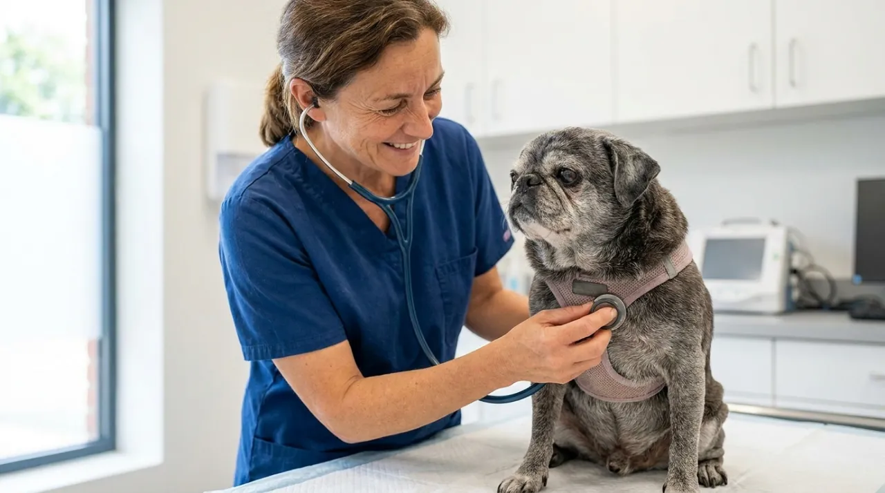 Veterinária realizando exame físico preventivo em um cão idoso em clínica especializada