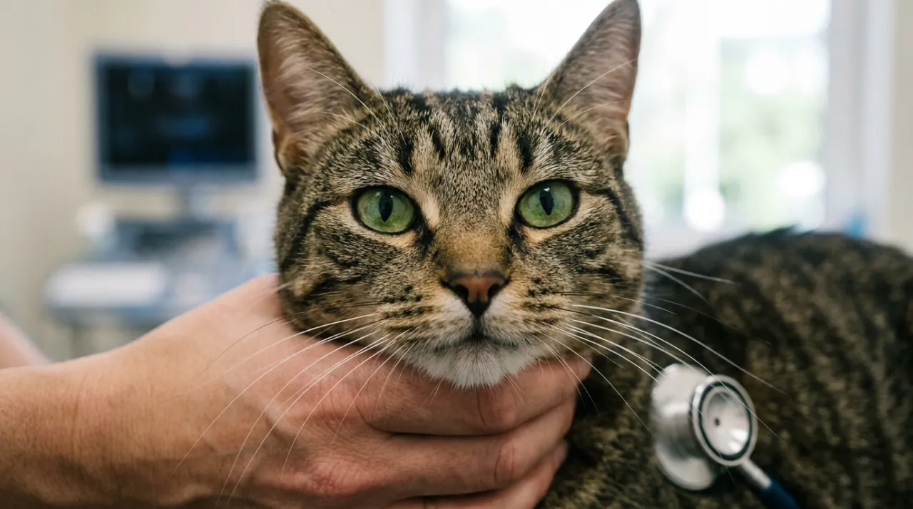 Veterinário realizando exame clínico preventivo em um gato tranquilo