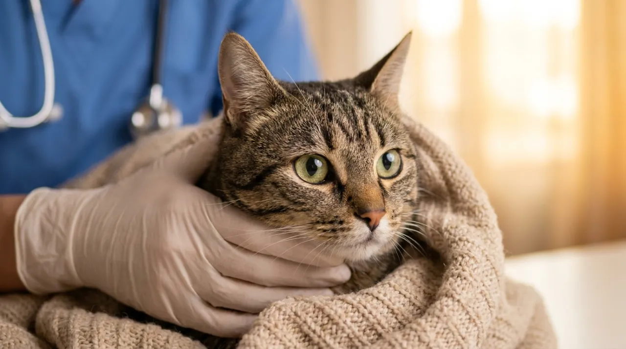 Gato doméstico enrolado em cobertor recebendo carinho e cuidados veterinários