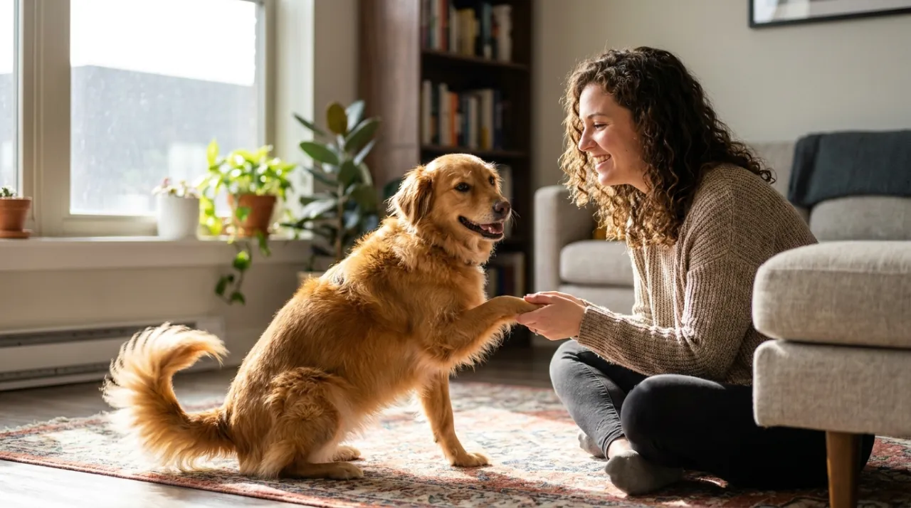 Tutora feliz recompensando seu cão com carinho e high-five após treino bem-sucedido