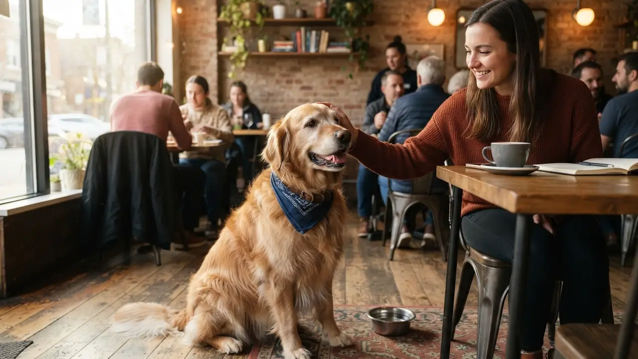 Cão adulto socializando em um café, exemplificando a socialização em público
